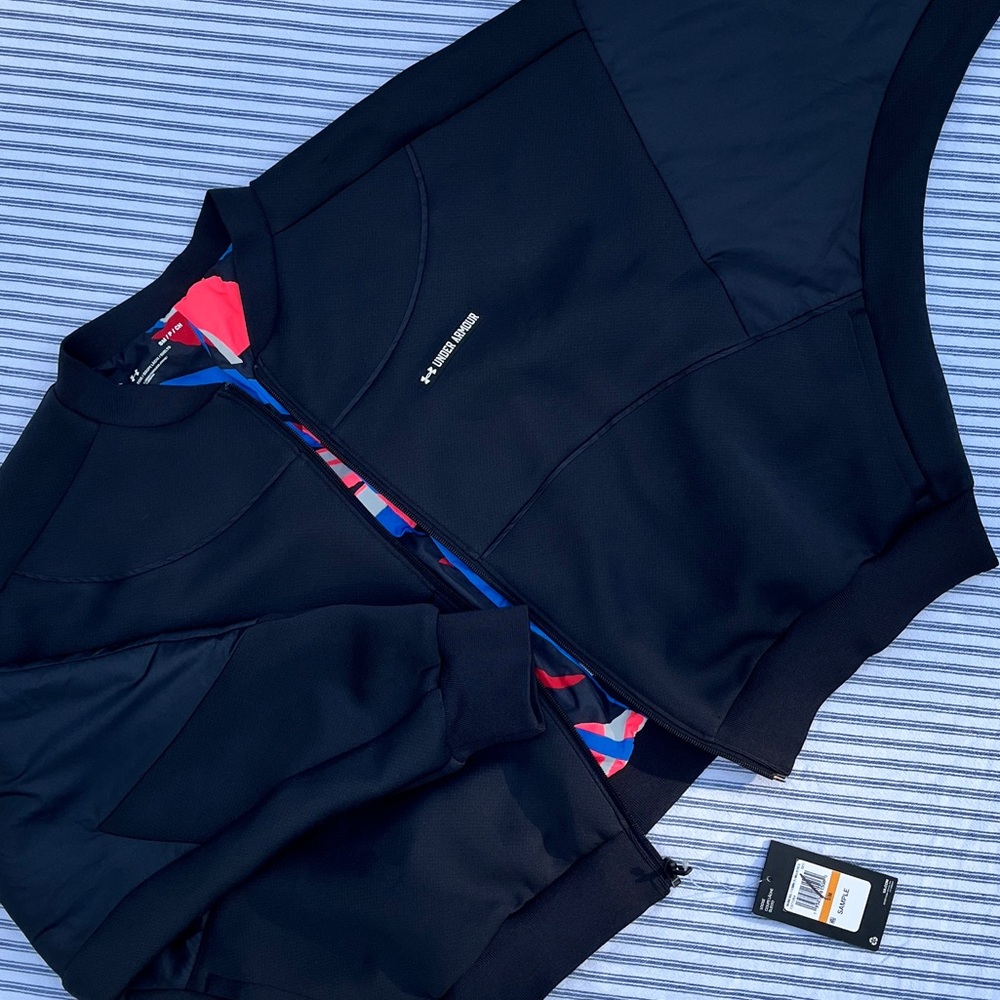NWT Under Armour Black Bomber Jacket Red Blue Lining Designer SAMPLE OOAK